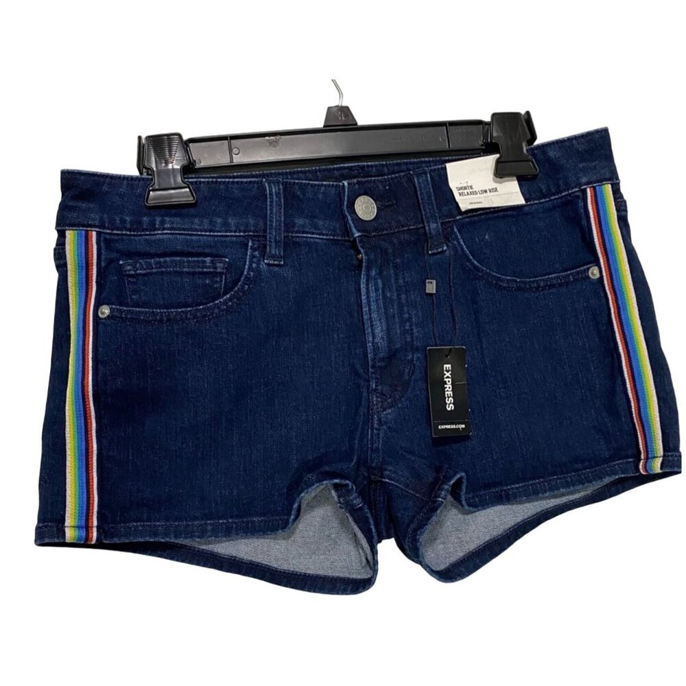 Express Women's Relaxed Low Rise Denim Shortie Shorts Size 4 Dark Blue With Rain